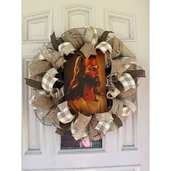 Everyay Year Round Neutral Color Jesus Mesh Ribbon Wreath Front Door Hanger - Picture 1 of 9